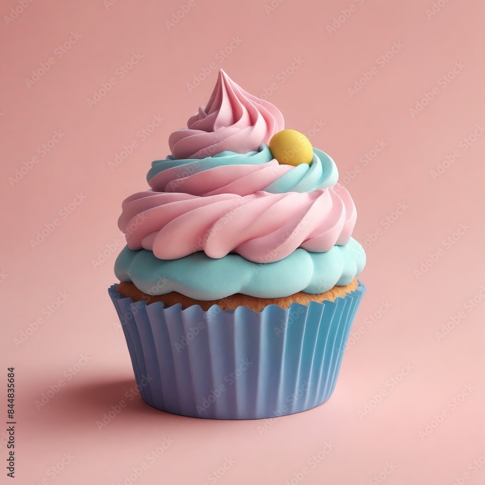 A sweet cupcake with pink and blue frosting, sprinkles, on a pink background A sweet cupcake with pink and blue frosting, sprinkles, on a pink background