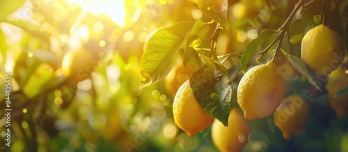Fresh yellow lemons hanging from lemon tree branches in a sunny Italian garden