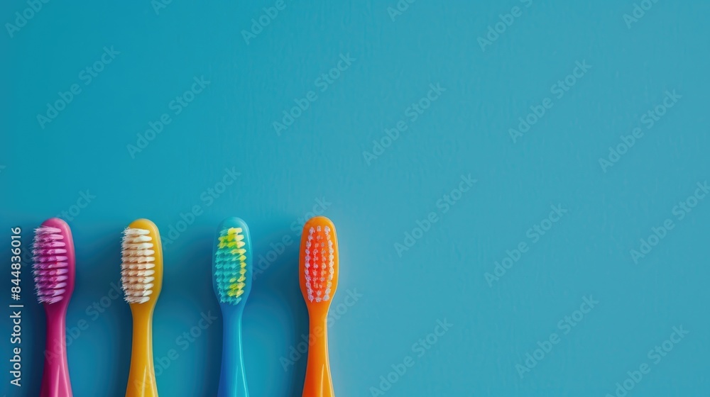 Multicolored toothbrushes arranged on blue backdrop promoting family oral health Multicolored toothbrushes arranged on blue backdrop promoting family oral health