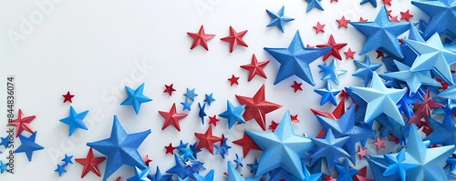 Dynamic spread of blue and red stars against a white background, depicting a festive American holiday.