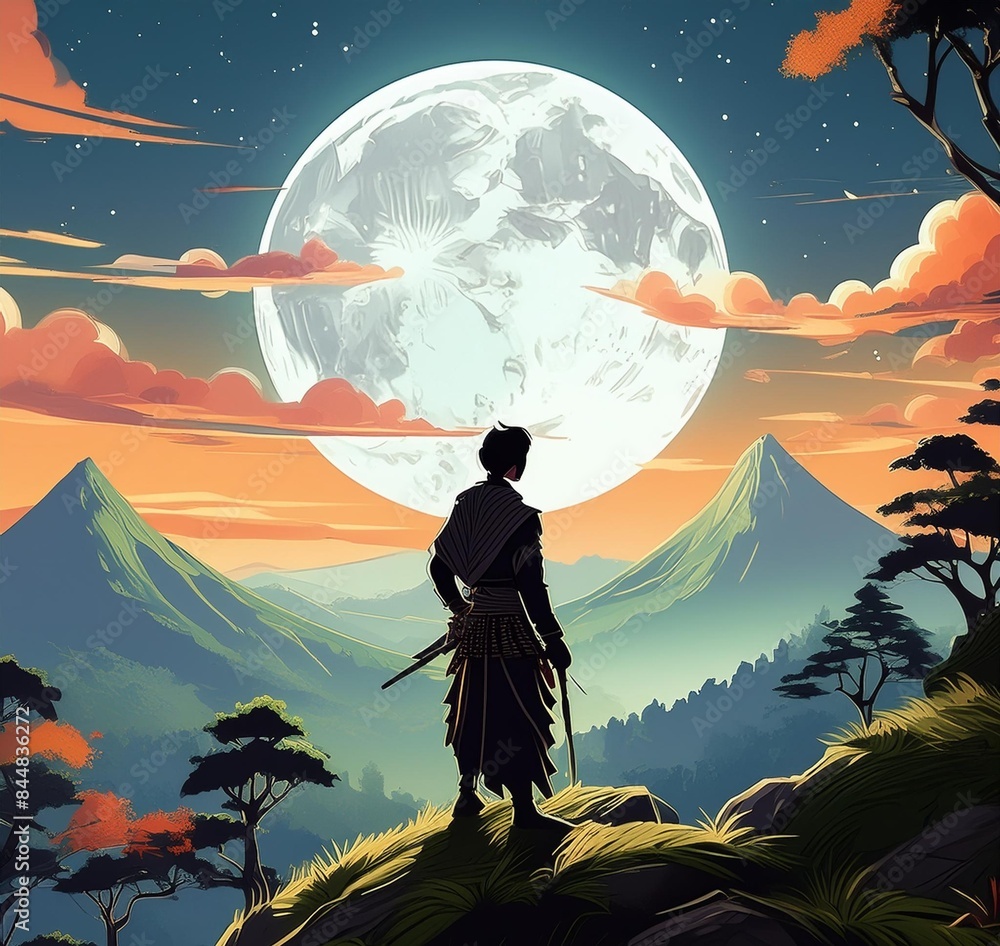 a man standing in a hill overlooking a forest with a large, moon in the background. a man standing in a hill overlooking a forest with a large, moon in the background.