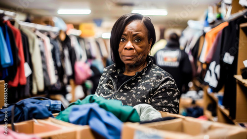 Woman sorting clothes at a donation center, actively involved in community service and charitable work. Volunteers contribute to social support and help those in need.