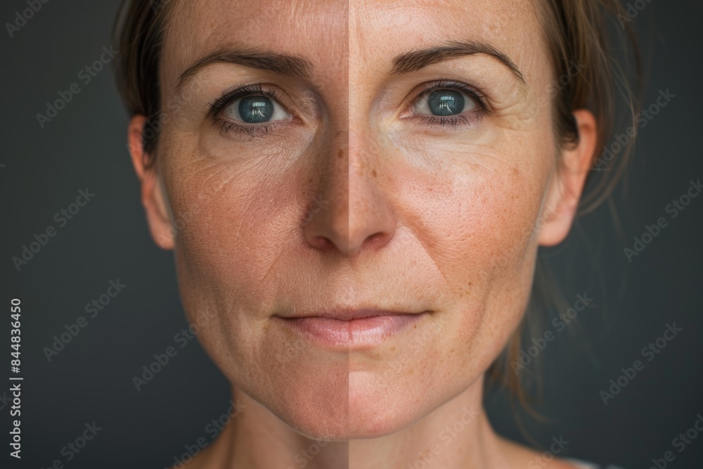 Fototapeta premium Detailed Comparison of Women's Facial Skin Before and After Biorevitalization Treatment