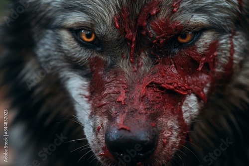 Close-up of a wolf's face with striking eyes, smeared with dramatic red blood photo