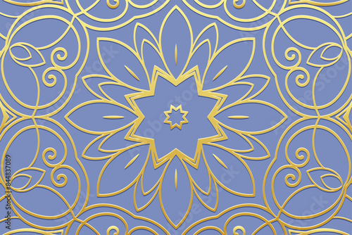 Embossed delicate blue background  cover design  banner. Geometric gold floral 3D pattern. Tribal designs  arabesques  handmade. Ethnic style of the East  Asia  India  Mexico  Aztec  Peru.