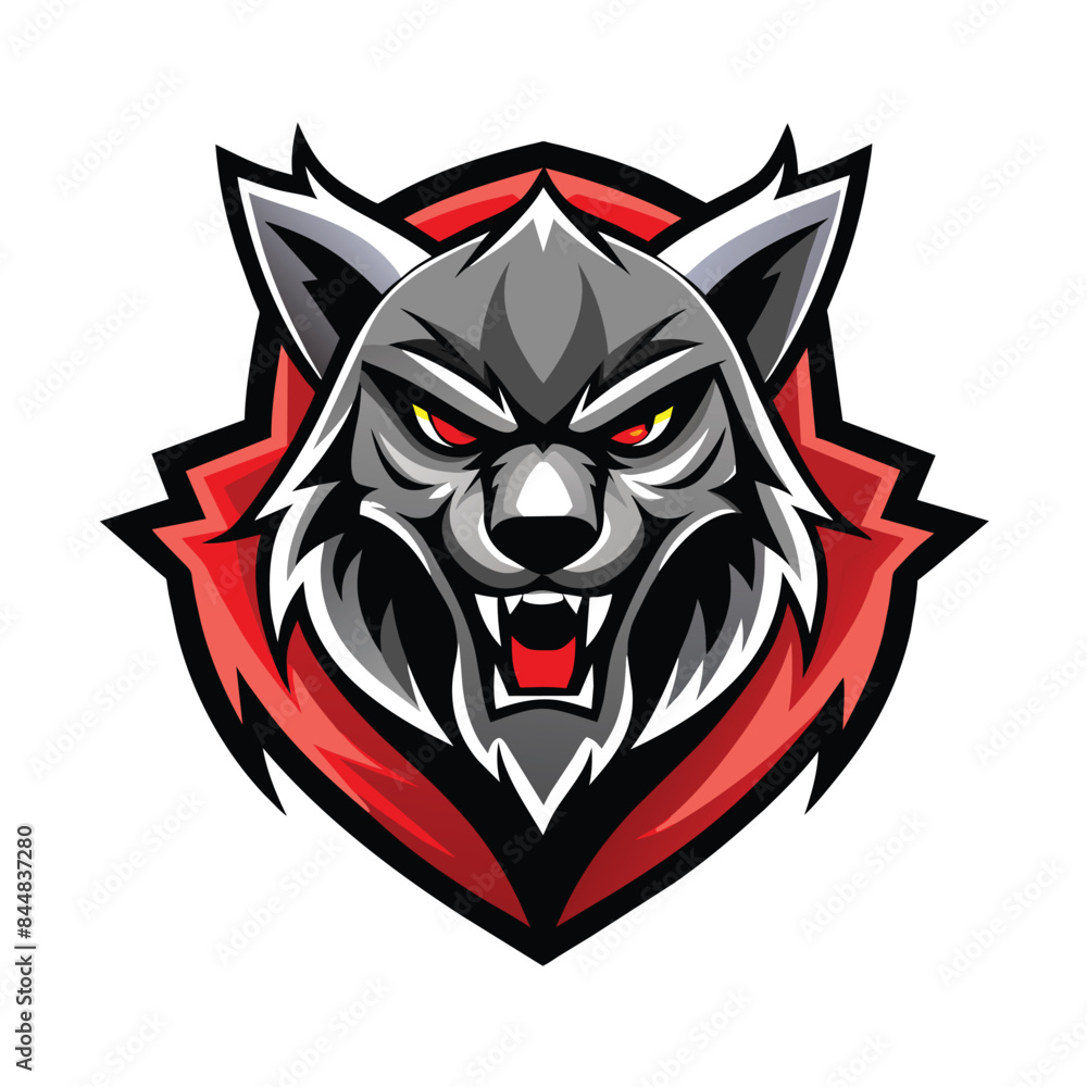Fototapeta premium A fierce wolf mascot design with red background and white outline, A dynamic design featuring a fierce animal mascot logo