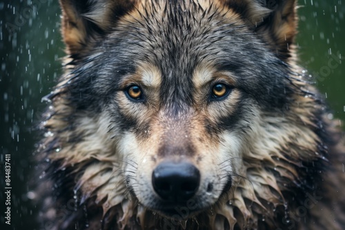 Close-up of a wolf's face with piercing eyes amidst a downpour, showcasing nature's raw beauty