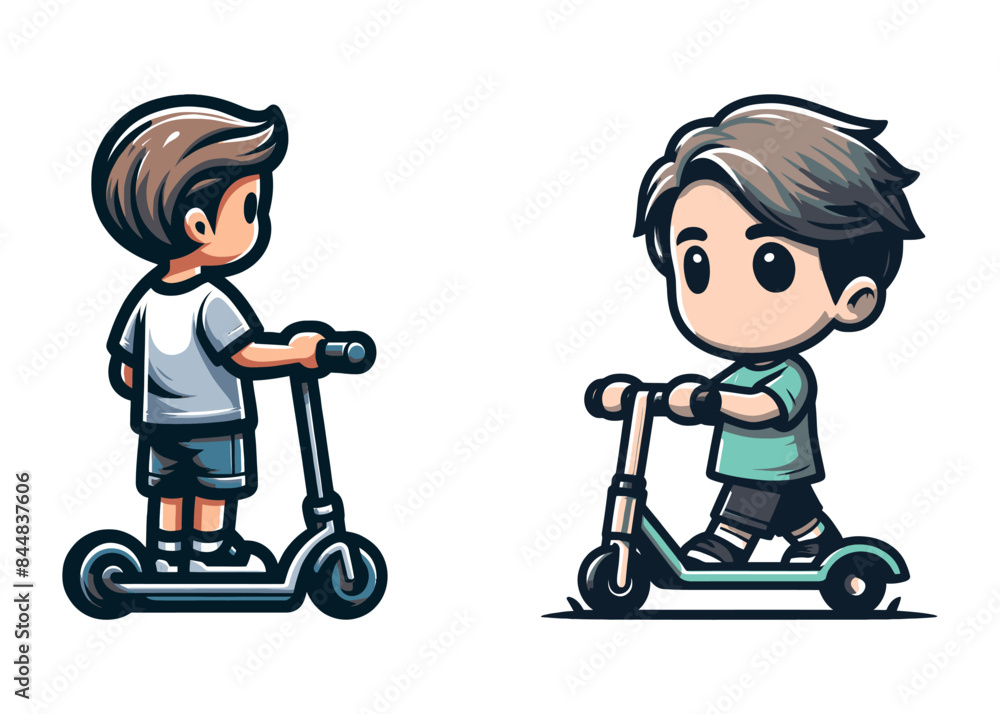 Vector illustration of two boys on scooters. The image shows one boy facing forward and another facing backward, both enjoying a ride. Great for themes related to children, play, and transportation. Vector illustration of two boys on scooters. The image shows one boy facing forward and another facing backward, both enjoying a ride. Great for themes related to children, play, and transportation.