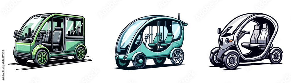 Vector illustration of three different electric vehicles, emphasizing innovation and eco-friendly transportation solutions. Vector illustration of three different electric vehicles, emphasizing innovation and eco-friendly transportation solutions.