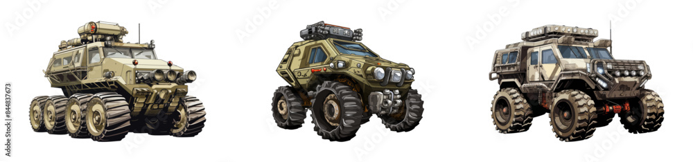 Fototapeta premium Vector illustration of three armored vehicles, emphasizing military and rugged themes.