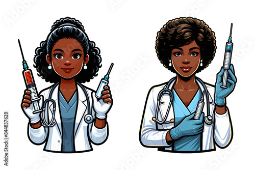 Vector illustration of female doctors holding syringes, emphasizing medical professionals and healthcare.