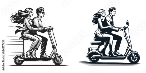 Vector illustration of two couples riding electric scooters in black and white, highlighting modern urban transportation and adventure.