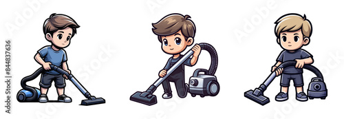 Vector illustration of three boys vacuuming, highlighting responsibility and cleanliness in household chores.