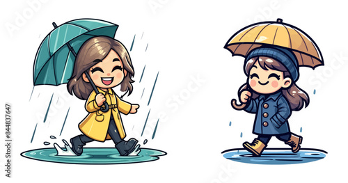 Vector illustration of two girls walking with umbrellas in the rain, emphasizing rainy weather and playful moments.