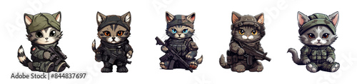 Vector illustration of five cute cats in military outfits, highlighting adorable and brave themes.
