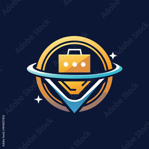 A logo design for a futuristic virtual shopping destination, featuring a briefcase in a circle with a blue and white orbit, A futuristic design for a virtual shopping destination