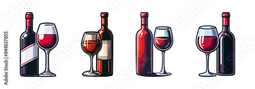 Vector illustration set featuring wine bottles and glasses with red wine. Ideal for restaurant menus, wine tasting events, and beverage advertisements.