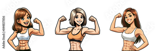 Vector illustration of three strong women flexing their muscles. Each woman displays a confident smile and toned physique, highlighting fitness and empowerment. 