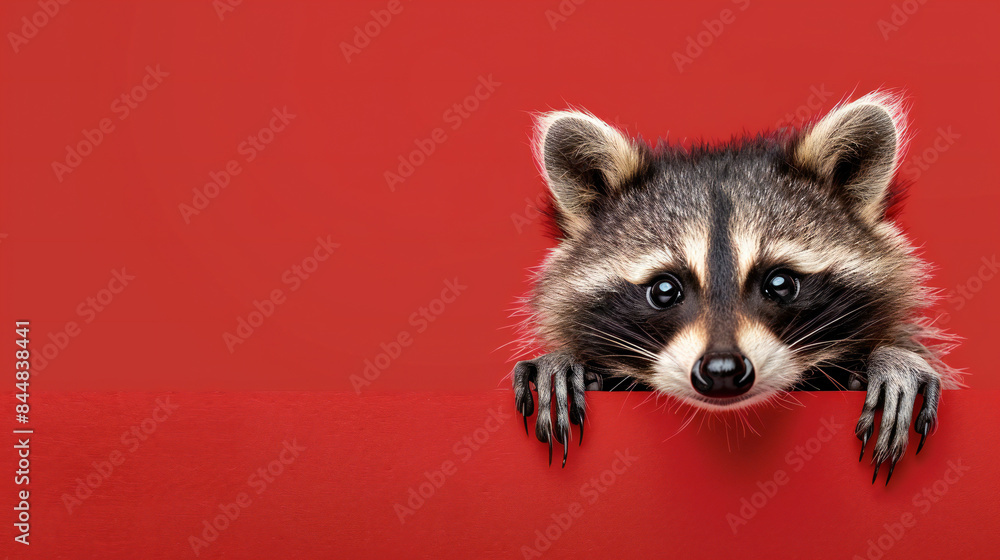 Obraz premium Curious cute baby racoon peeking out with red background