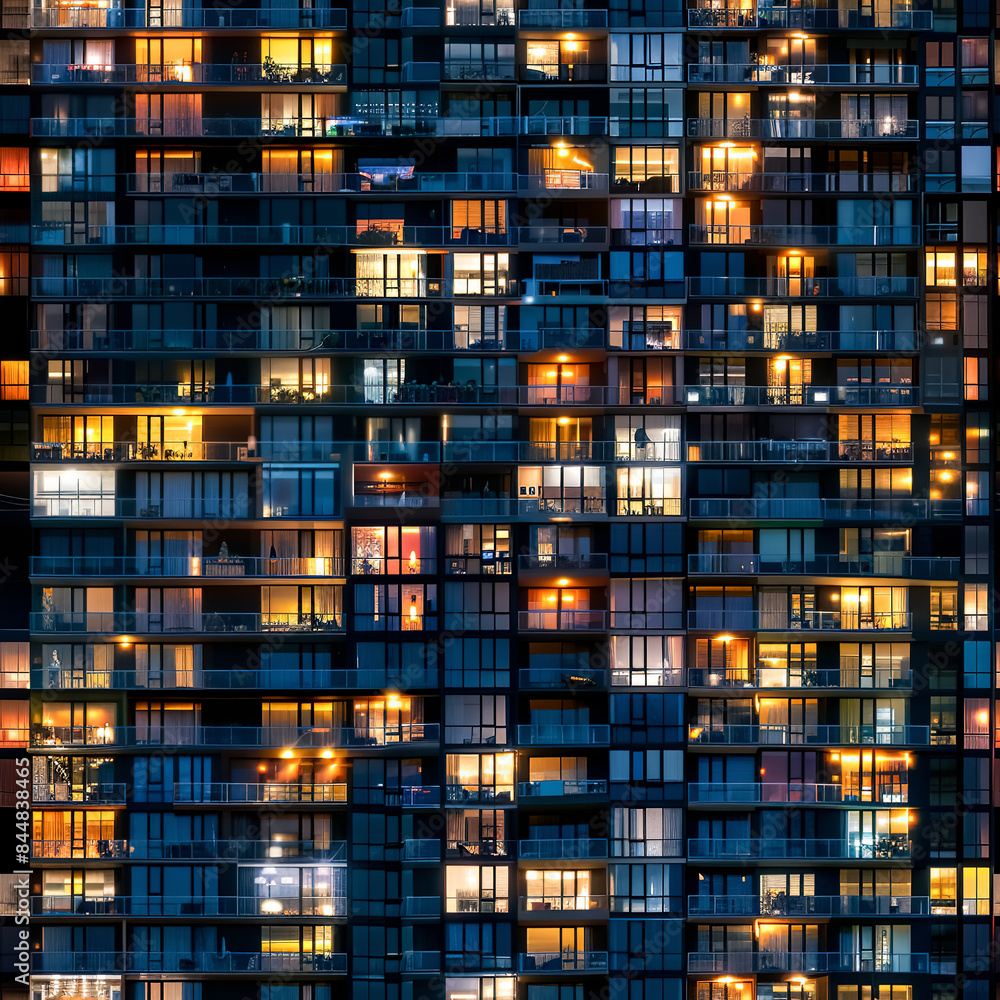 Seamless pattern of the facade of a modern high-rise building with balconies, windows and loggias at night Seamless pattern of the facade of a modern high-rise building with balconies, windows and loggias at night