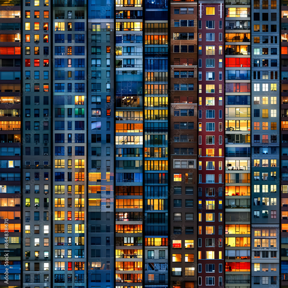 Seamless pattern of the facade of a modern high-rise building with balconies, windows and loggias at night Seamless pattern of the facade of a modern high-rise building with balconies, windows and loggias at night