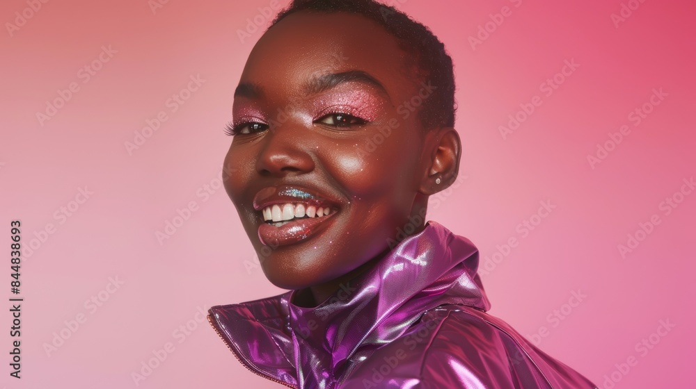 Happy black woman, neon fashion, creative portrait, cyberpunk, vintage, bright and colorful makeup, clothes, and cosmetics on studio background. Unique vaporwave and smiling Gen Z model influencer Happy black woman, neon fashion, creative portrait, cyberpunk, vintage, bright and colorful makeup, clothes, and cosmetics on studio background. Unique vaporwave and smiling Gen Z model influencer