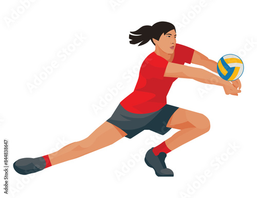 Chinese professional women's volleyball girl player in a red uniform who crouches down and hits the ball