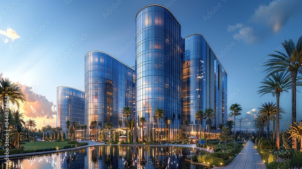 Naklejka premium Futuristic Cityscape with Reflective Glass Buildings against Clear Blue Sky - Urban Architecture Concept