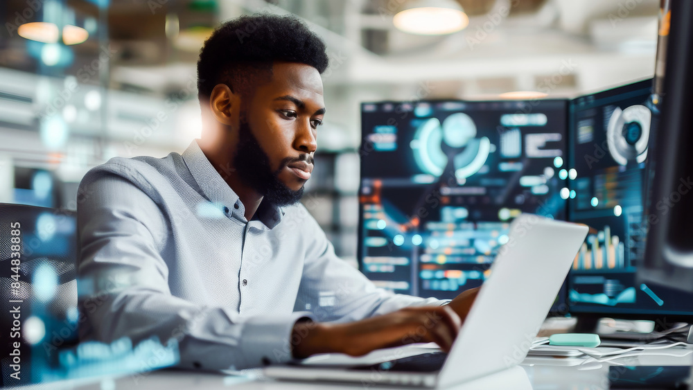 A male employee working at a desk with multiple computer screens in a modern office setting, focusing on coding and programming tasks. A male employee working at a desk with multiple computer screens in a modern office setting, focusing on coding and programming tasks.