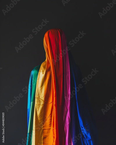 Rainbow flag draped gracefully against solid black background. Concept LGBTQ and pride