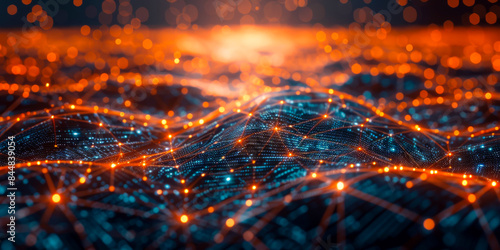 Digital Network Landscape at Sunset. Abstract digital landscape with interconnected nodes and glowing lights, symbolizing a futuristic network and technological advancements at sunset.