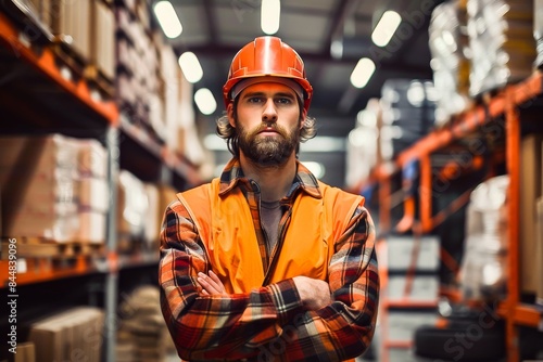 Portrait of a construction worker wearing safety gear in an industrial warehouse setting, showcasing professionalism and safety in a work environment.