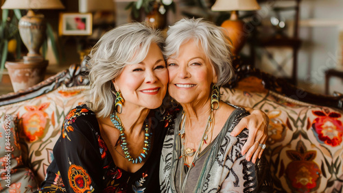Two happy senior women dressed in fashionable outfits, smiling and posing together in a cozy, stylish home setting.