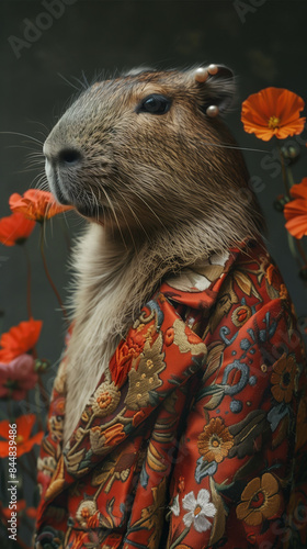 Capybara wearing a floral pattern coat while standing in a field of poppies, anthropomorphism concept