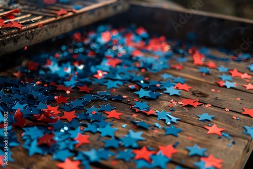 Outdoor barbecue with blue and red star confetti scattered around, sharp HD capture,