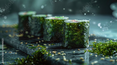 Horizontal Composition of Seaweed and Meat Floss Rolls from a Different Perspective photo