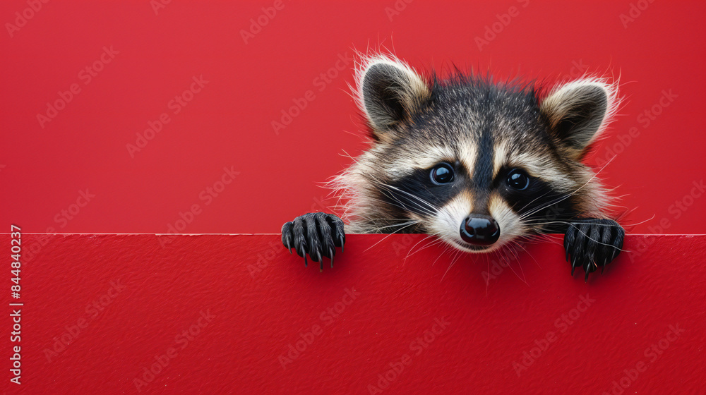 Obraz premium Curious cute baby racoon peeking out with red background