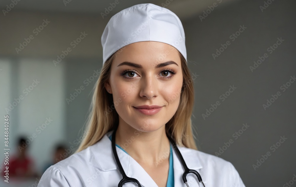 Female doctor in white coat holding clipboard, wearing stethoscope and smiling Female doctor in white coat holding clipboard, wearing stethoscope and smiling