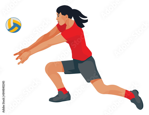 Indonesian women's volleyball girl player in red t-shirt who hits the ball from below