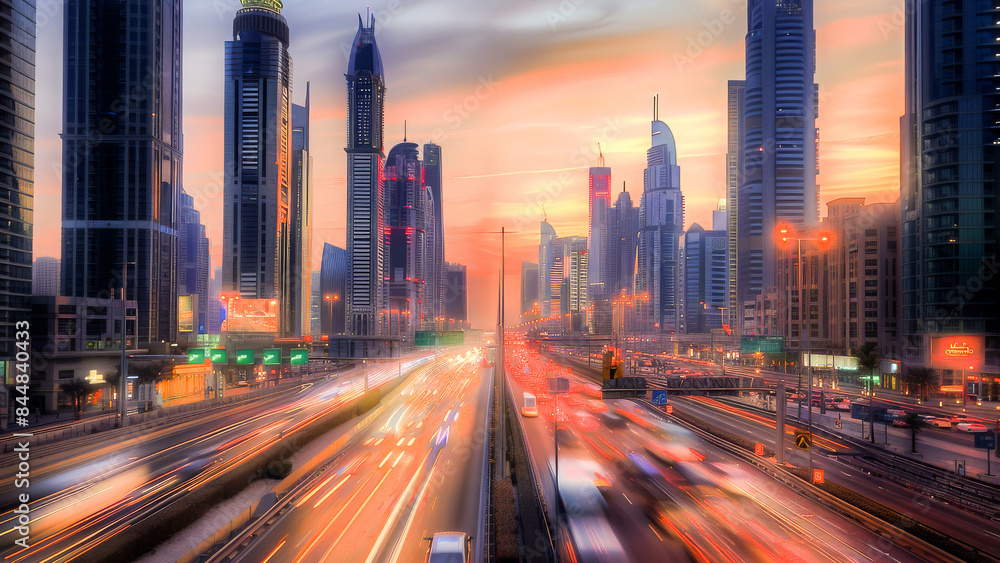 A vibrant cityscape with tall skyscrapers and busy streets during sunset. The illuminated buildings create a glowing skyline under the twilight sky. A vibrant cityscape with tall skyscrapers and busy streets during sunset. The illuminated buildings create a glowing skyline under the twilight sky.