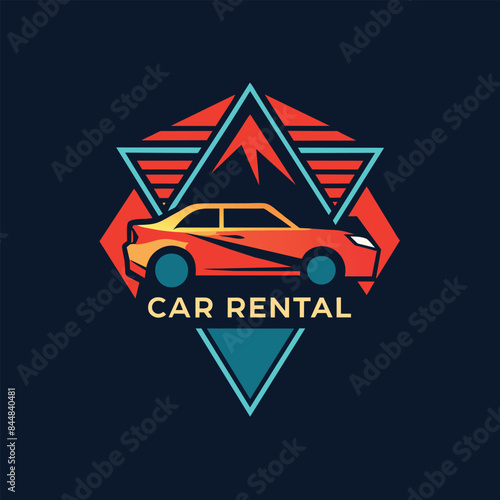 A geometric logo for a car rental company featuring a stylized car, mountain, and sunset, A geometric approach to representing car rentals in a minimalistic logo