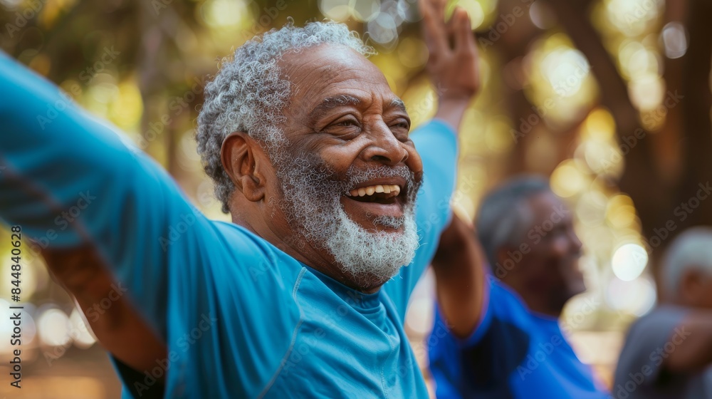 Senior man exercising and stretching before a park workout. Health, wellbeing, and performance with older man starting group routine Senior man exercising and stretching before a park workout. Health, wellbeing, and performance with older man starting group routine