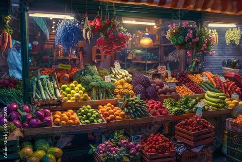 Vibrant Farmers' Market Stall Overflowing with Fresh Vegetables, Fruits, and Vegan Products © spyrakot