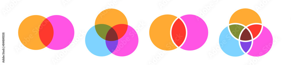 Venn diagram with overlapping circles. Infographic with intersections and overlaps. Flat vector illustration isolated on white background. Venn diagram with overlapping circles. Infographic with intersections and overlaps. Flat vector illustration isolated on white background.