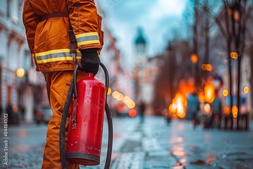 Man wearing Firefighter uniform holding fire extinguisher