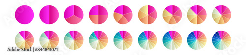 Pie chart with different segments in a circular diagram. wheel graph divided into parts and sections. Flat vector illustration isolated on white background.