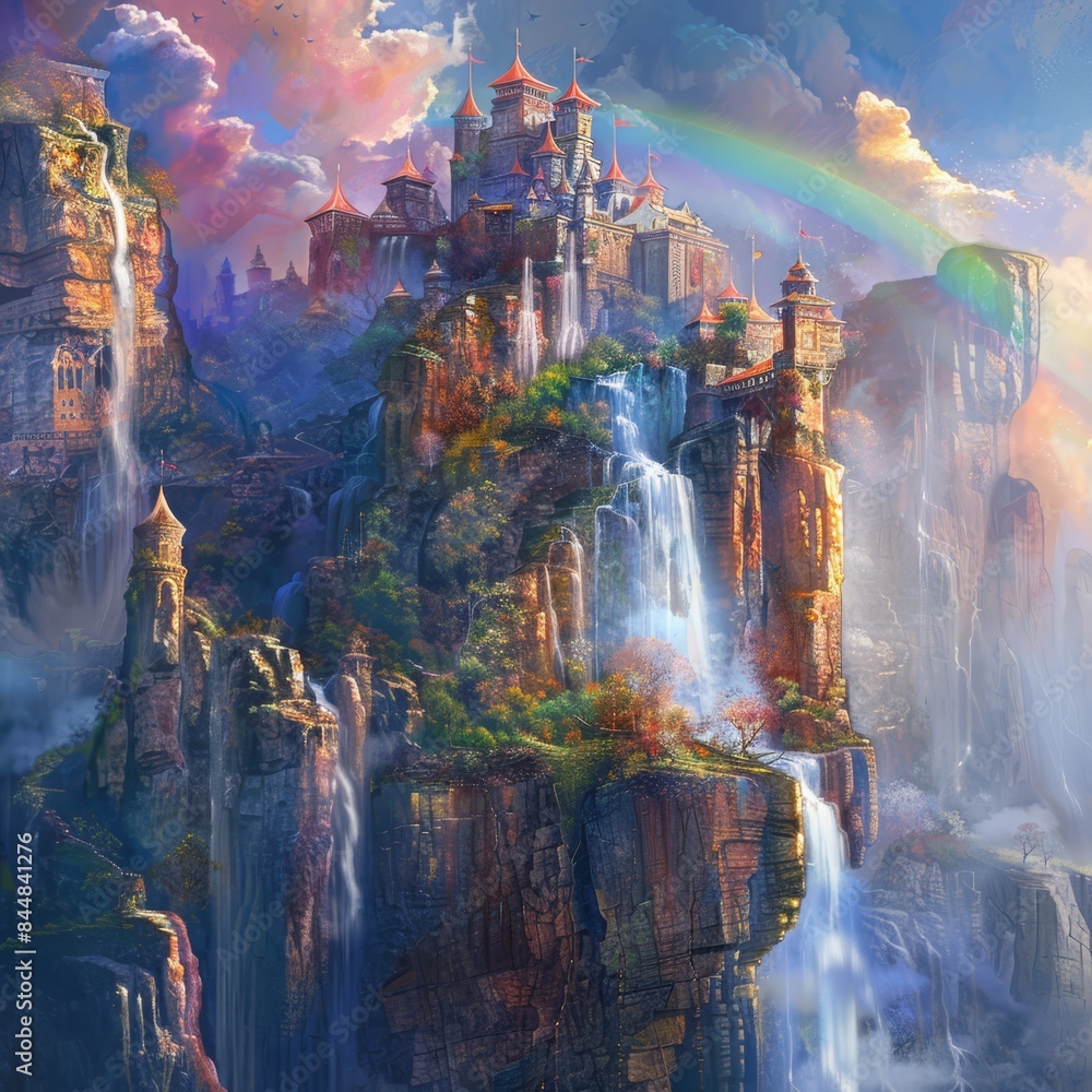 a painting of a castle with a waterfall and rainbow a painting of a castle with a waterfall and rainbow