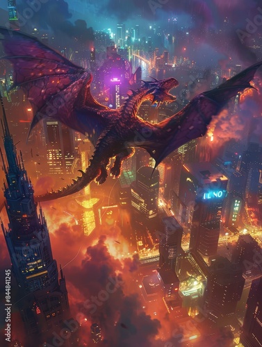 dragon flying over city at night with city lights photo