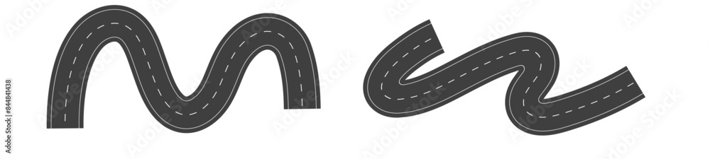 Wavy road with winding curves and horizontal path. Top view of race track and highway. Flat vector illustration isolated on white background. Wavy road with winding curves and horizontal path. Top view of race track and highway. Flat vector illustration isolated on white background.