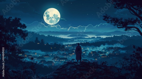 a man standing on a hill overlooking a city at night photo